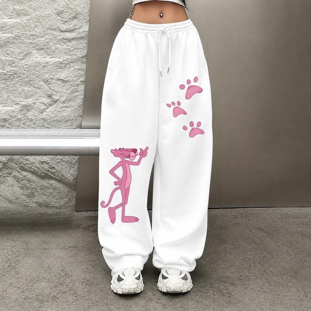 Calça Wide Leg Com Estampa da Pantera Cor De Rosa Desenho Estiloso Modinha Blogueira Confortável Quentinha