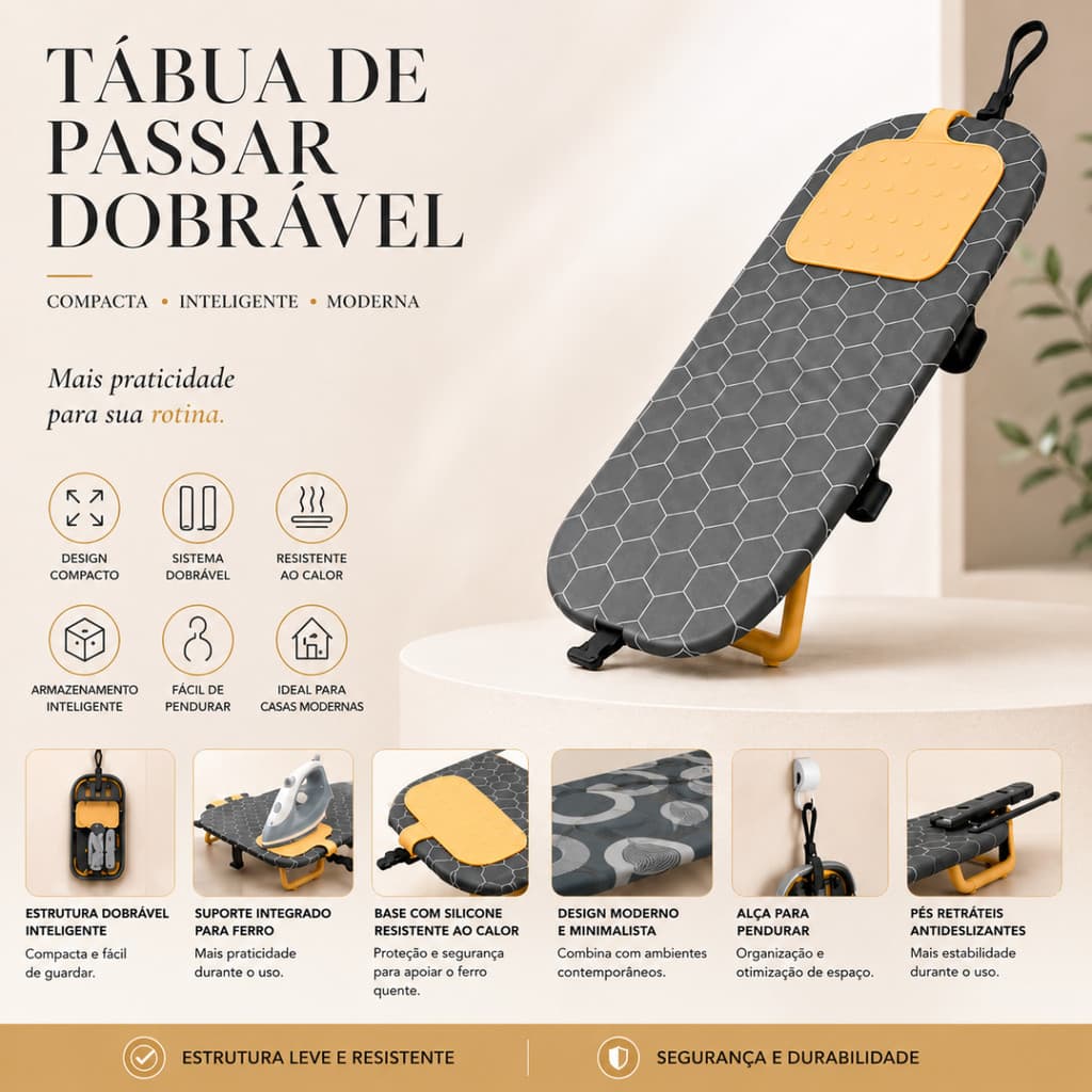 Tabua de Passar Roupas Dobrável Compacta Com Suporte P Ferro