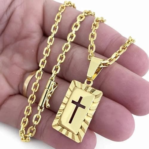 Cordão Masculino 4mm 70cm + Pulseira e Placa De Cruz Banhados A Ouro