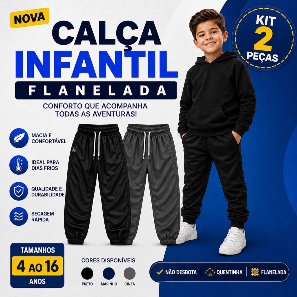 Kit 2 Calça Infantil Flanelada Modelo Jogger do 10 ao 16 Seu Filho no Estilo
