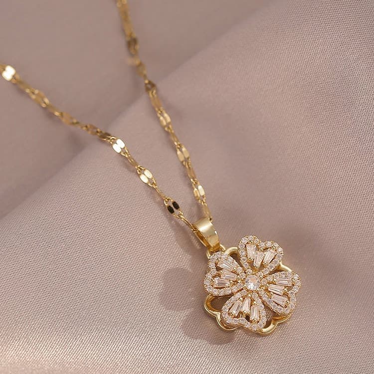 Colar feminino de aço titânio com pingente giratório de trevo de quatro folhas e diamante L9CR