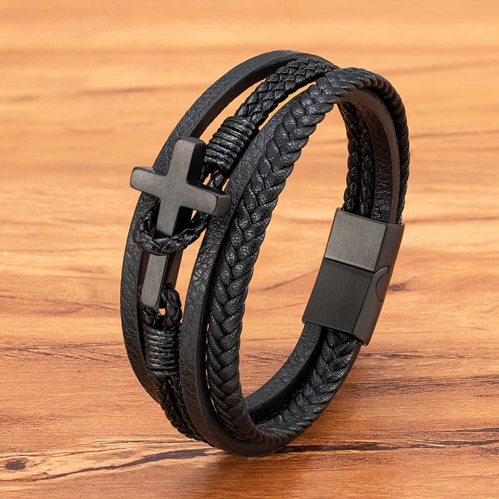 Nova Cruz Pulseiras De Couro Masculino Aço Inoxidável Fecho Encantos Moda Punk Bracelete Homme Christian Acessórios Jóia