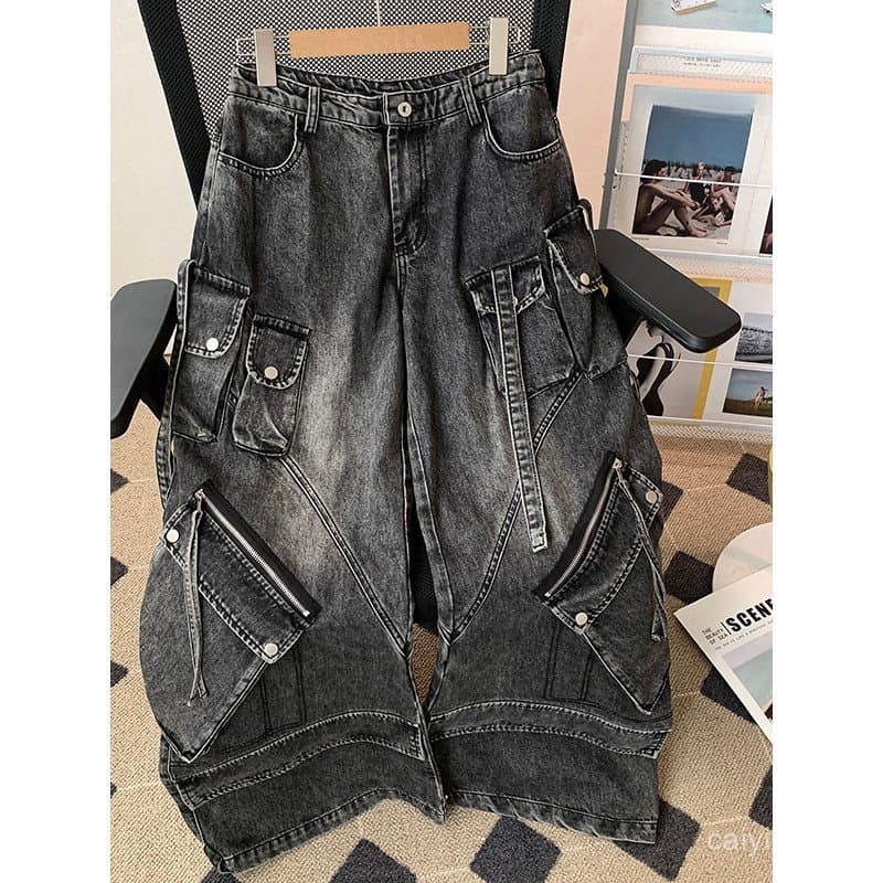 Calças jeans masculinas e femininas com vários bolsos, estilo streetwear americano, calças retas soltas retrô, design de