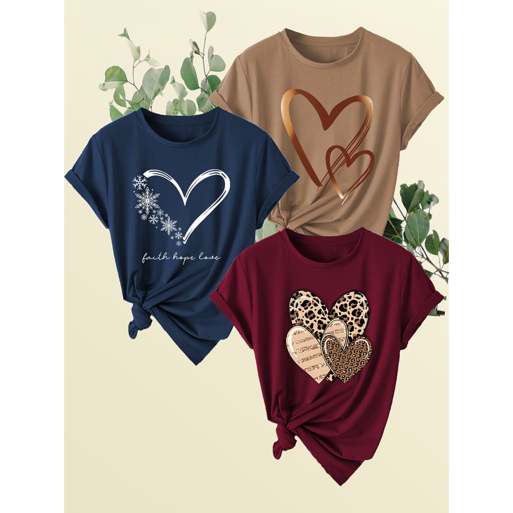Conjunto Kit 3 camisetas femininas manga curta com estampa de coração gola redonda verão 100% algodão estilosas casual