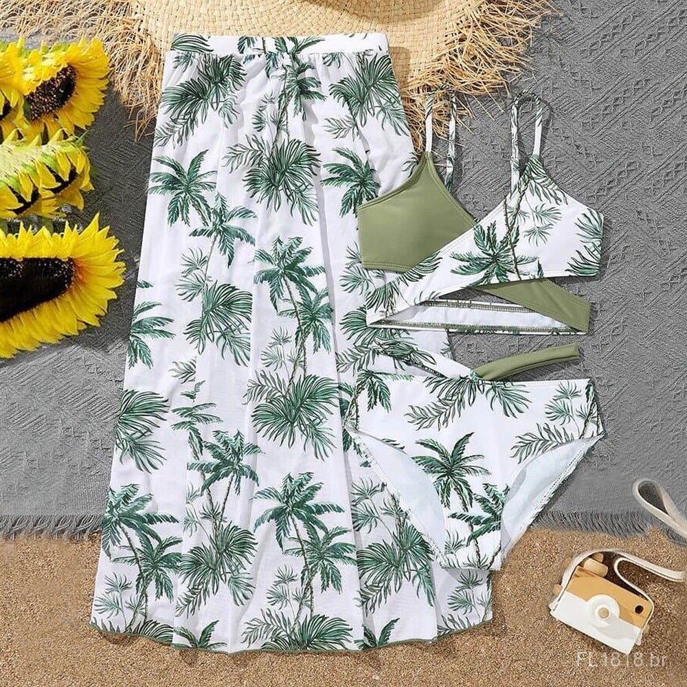 Conjunto de biquíni infantil de 3 peças com estampa de palmeira e saia de praia, modelo 2023, alças cruzadas, para idade