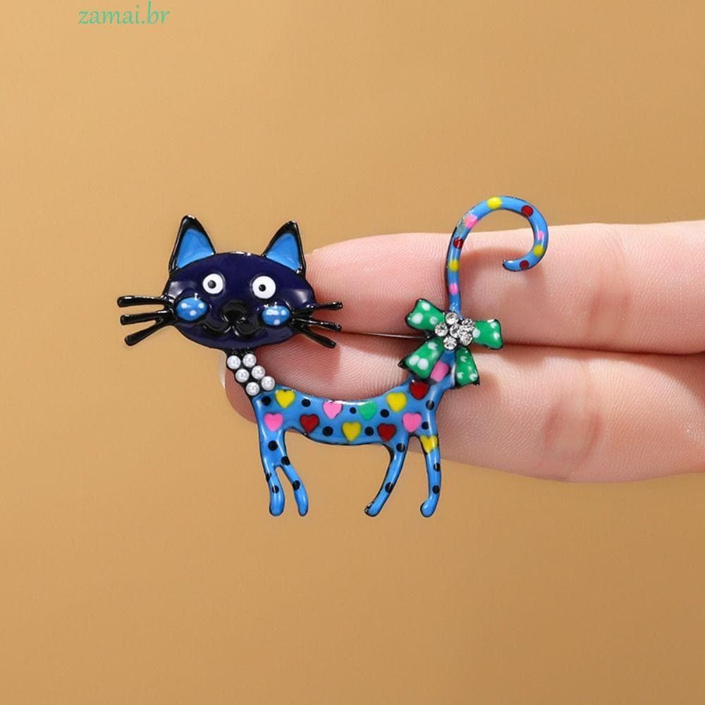 ZAMAI Broche Esmaltado Vintage , De Gato Com Gotejamento De Óleo De Strass Retrô , Alfinete De Animal De Metal Fofo Colo