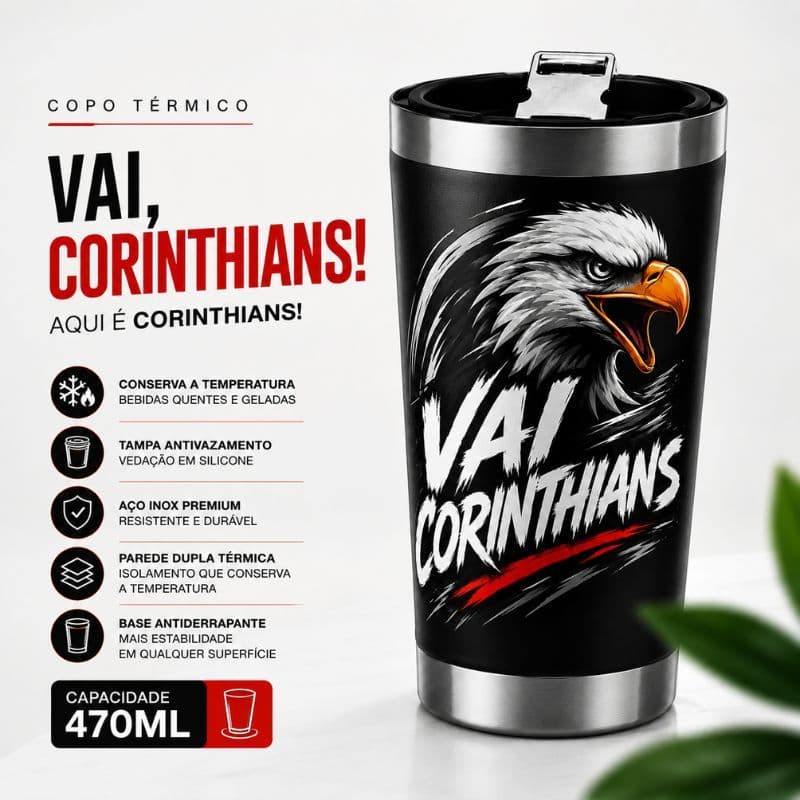 Copo Térmico Torcidas 470ml Aço Inox Parede Dupla Tampa Antivazamento Personalizado Premium