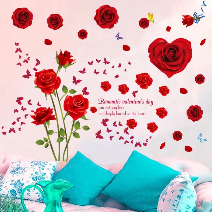 Rosa vermelha adesivos de parede romântico quarto sala estar TV fundo adesivos decorativos papel de parede flor borbolet