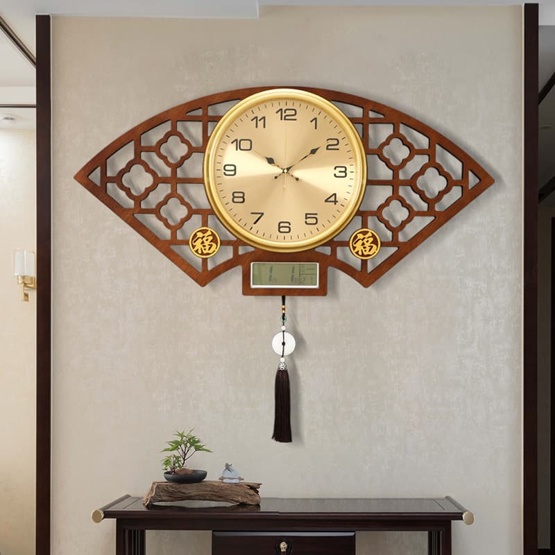 Relógio de parede em formato de leque, novo estilo chinês, sala de estar, doméstico com calendário 2026, novo estilo, ca