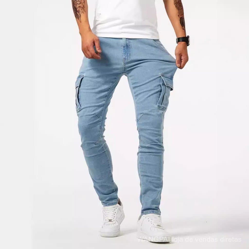 Calças Cargo Masculinas com Bolso Lateral, Jeans Skinny