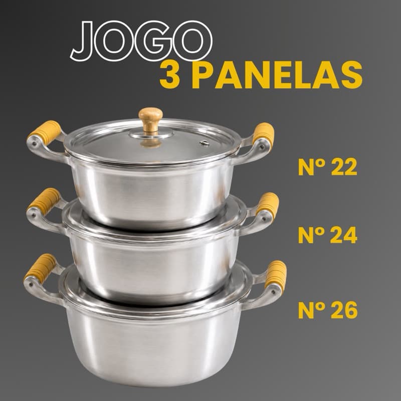 Jogo de panelas grande 3 peças 22/26 em alumínio batido grosso fundido