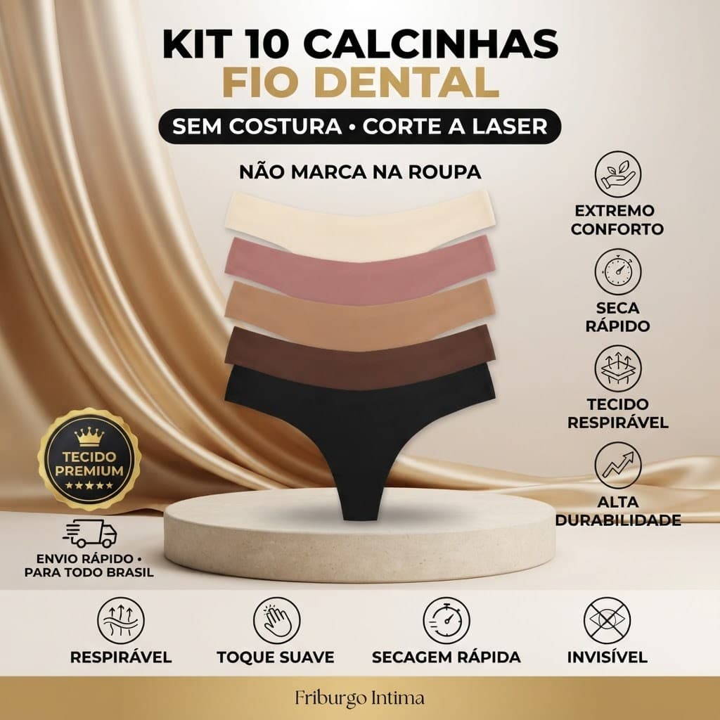 Kit 10 Calcinhas Laser Importada Fio Não Marca 100% Sem Costura Extra Conforto Forro 100% Algodão