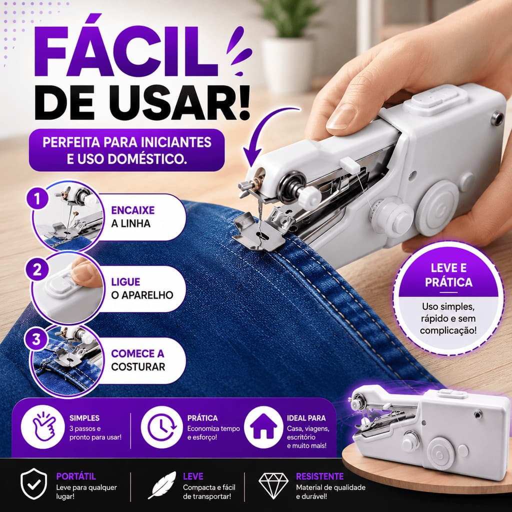 Mini Máquina De Costura Portátil Manual Sem Fio Costurar Roupas E Tecidos Ponto Ajustável Bivolt Prática