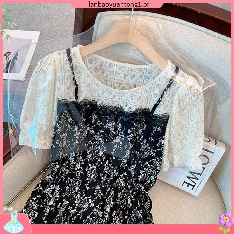 Tamanho grande temperamento vestido Floral 2026 verão novo estilo moda manga curta renda costura mais magro olhar pequen