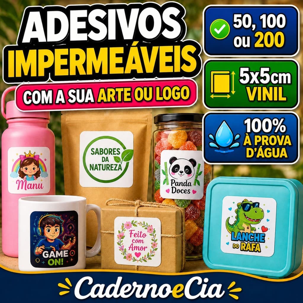 Adesivos Impermeáveis 5x5cm Personalizados | 50 100 ou 200 un | Sua Arte