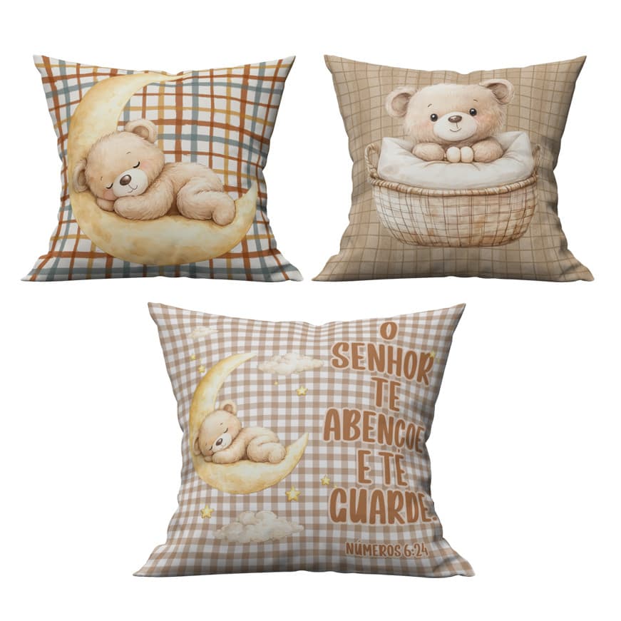 Kit c/3 Capas de Almofada Ursinho Baby Decorativa Quarto do Bebê 40x40 cm