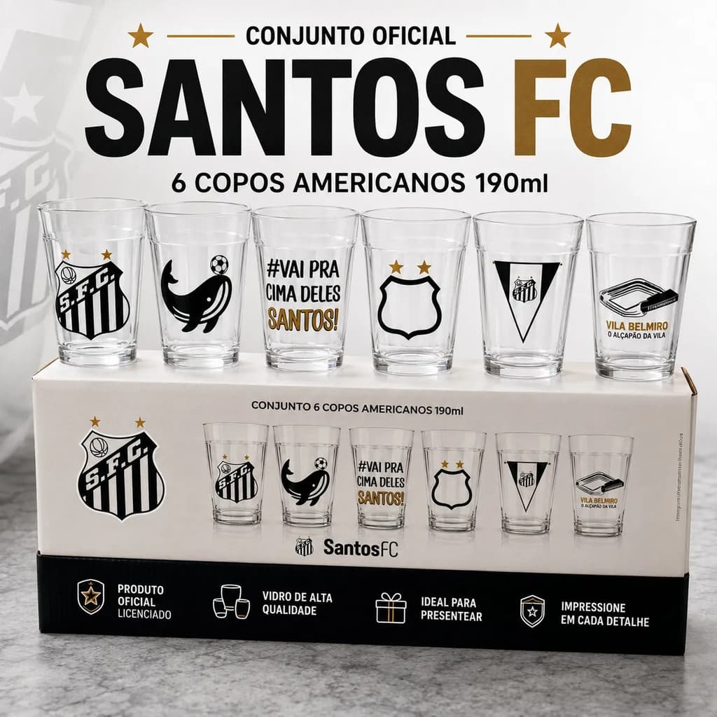 Conjunto De Copos Americano Santos Futebol Oficial Kit 6 Pçs
