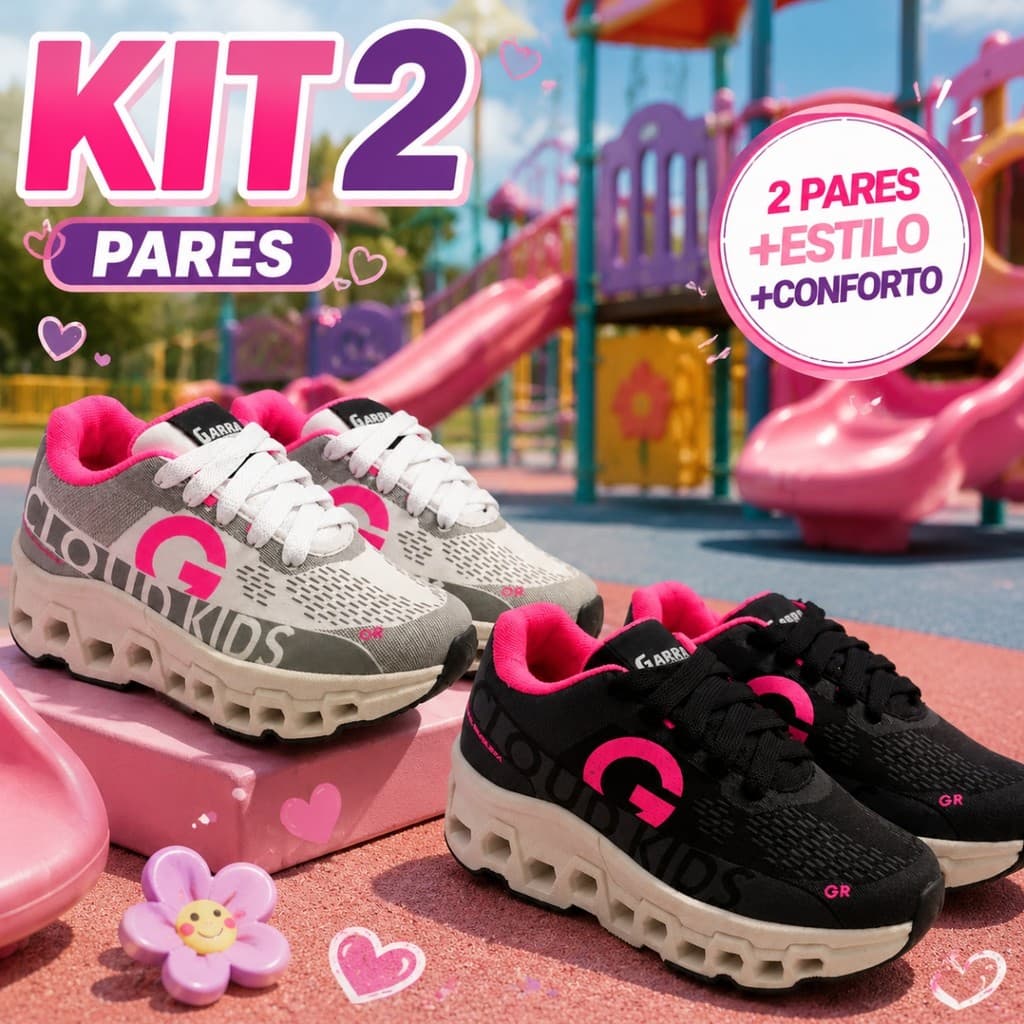 KIT 2 PARES Tênis Infantil Menino Menina Esportivo Leve Confortável Resistente Solado Alto Para o Dia a Dia Ativo 26/33