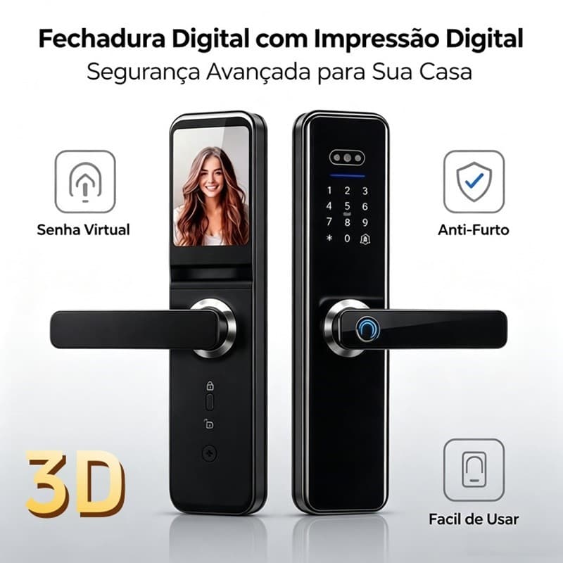 Fechadura Digital Inteligente com Impressão Digital Reconhecimento Facial 3D Câmera AIRER.BR