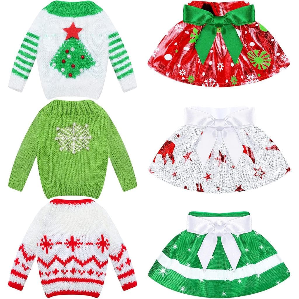 Hungdao 6 Peças de Roupas de Natal para Bonecas, Conjunto de Acessórios com Suéter e Saia, Roupa de Papai Noel Tricotada