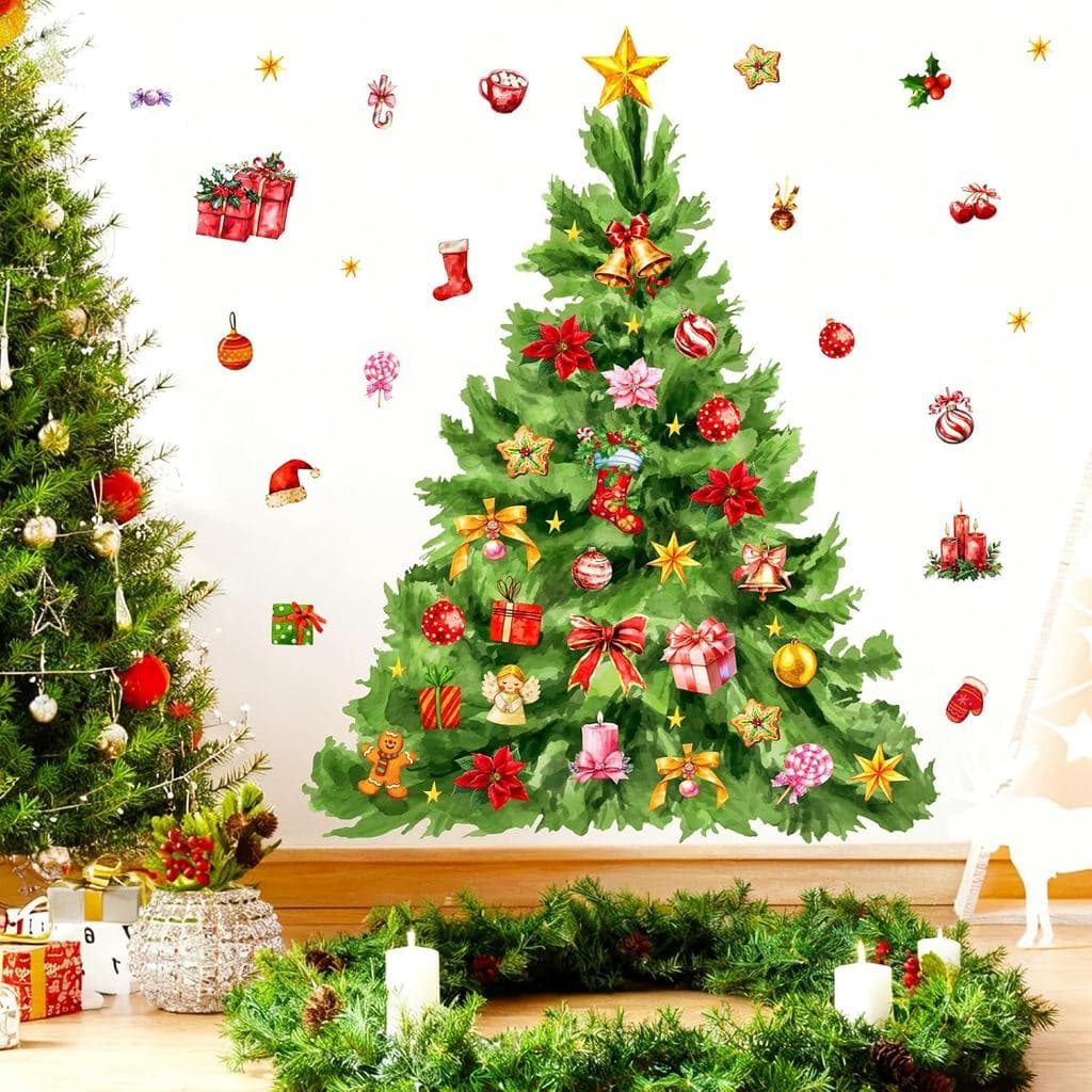 Adesivos de Parede de Árvore de Natal Grande, Decalques de Árvore de Natal em Aquarela, Adesivos Decorativos de Natal Re