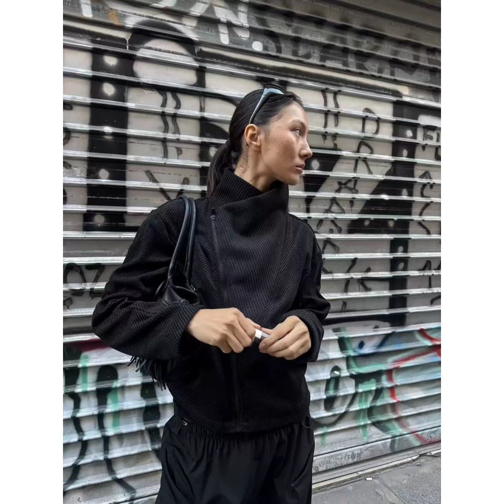 Outono americano corte Diagonal alta lapela jaqueta curta das mulheres dos homens Retro textura jaqueta Casual na moda