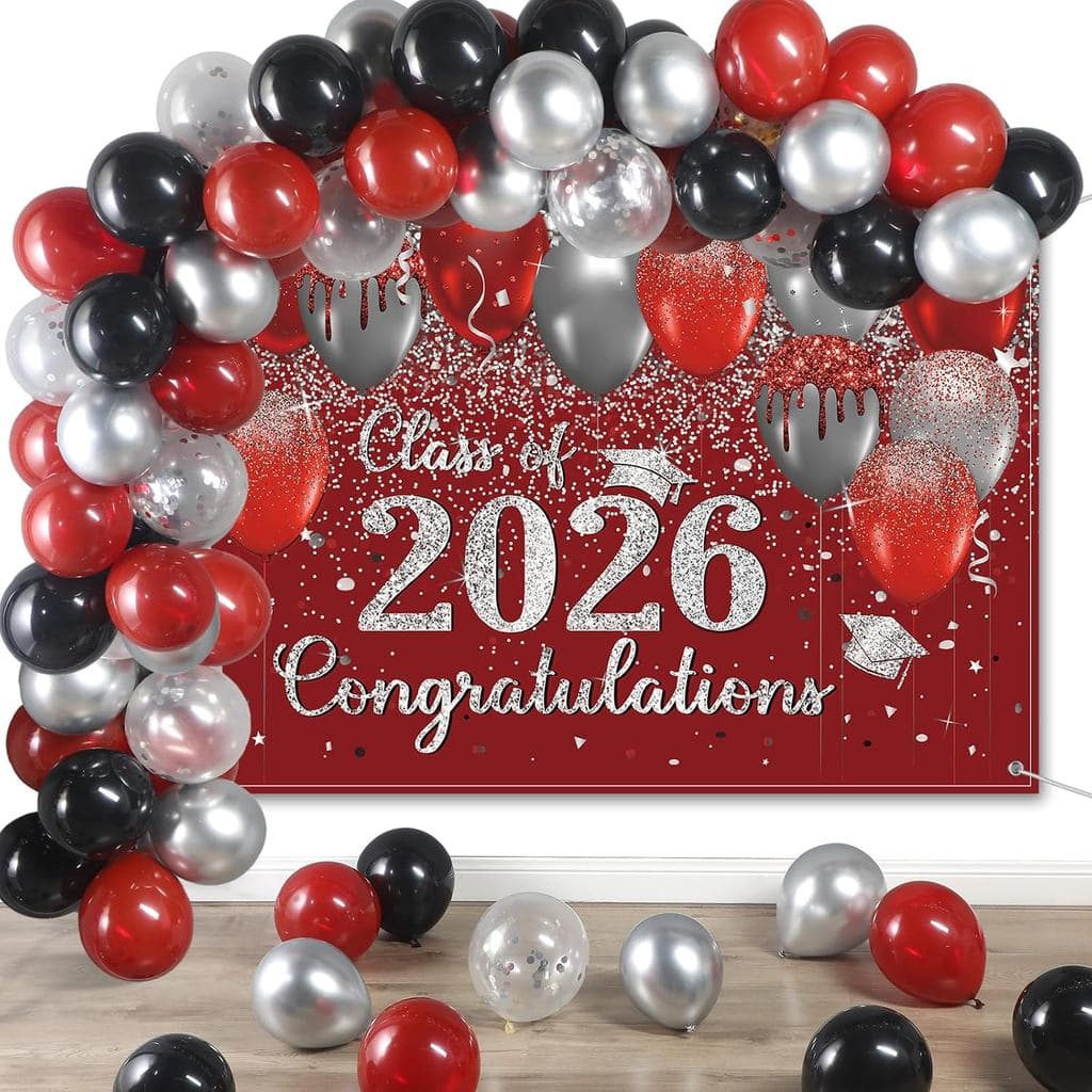 Decoração de Formatura Vermelha e Prateada Buryeah 2026, Faixa de Fundo "Parabéns, Formando" com 60 Balões de Látex, Sup