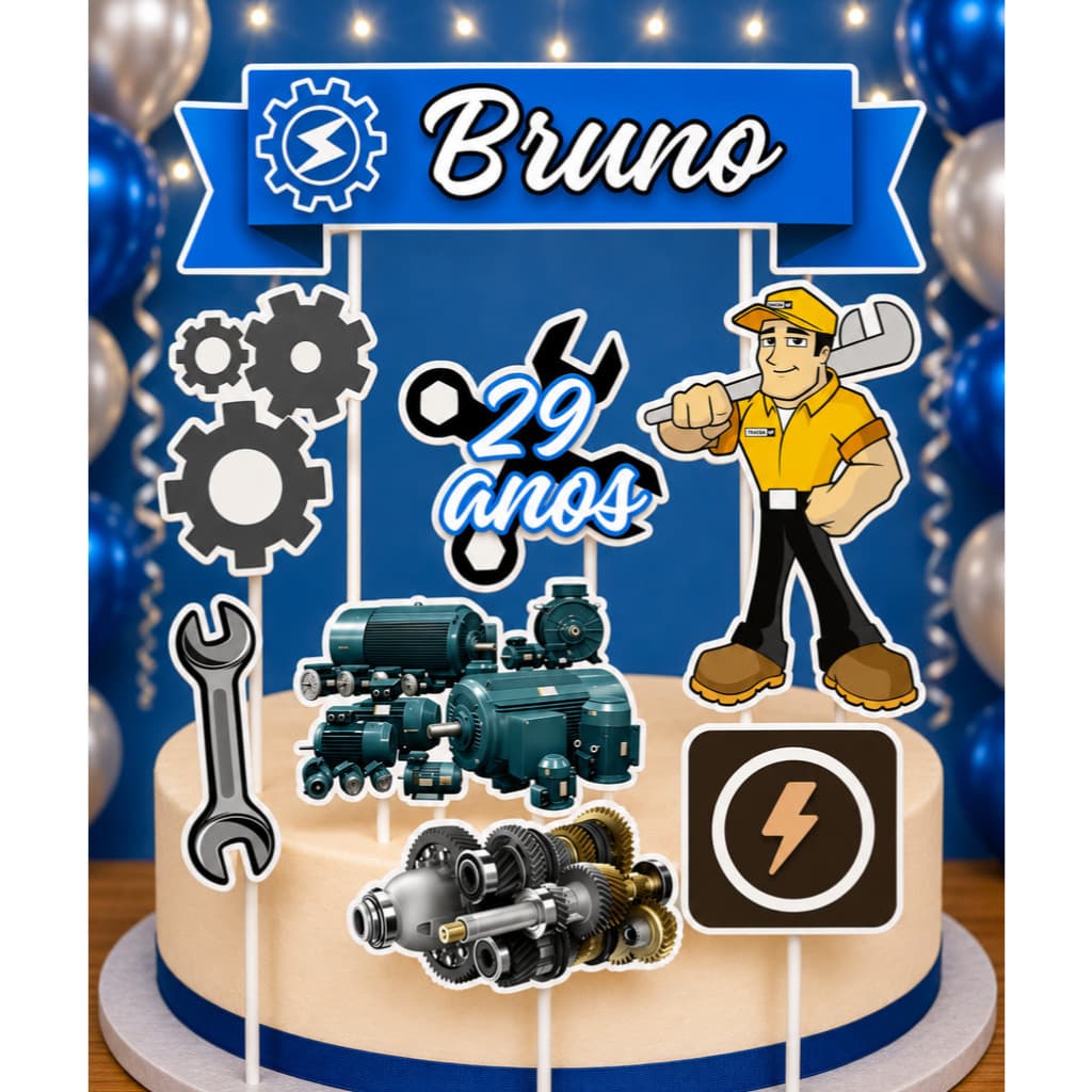Topo de Bolo Topper Personalizado com Nome e Idade - Profissão Eletro Mecânico ENVIO RÁPIDO