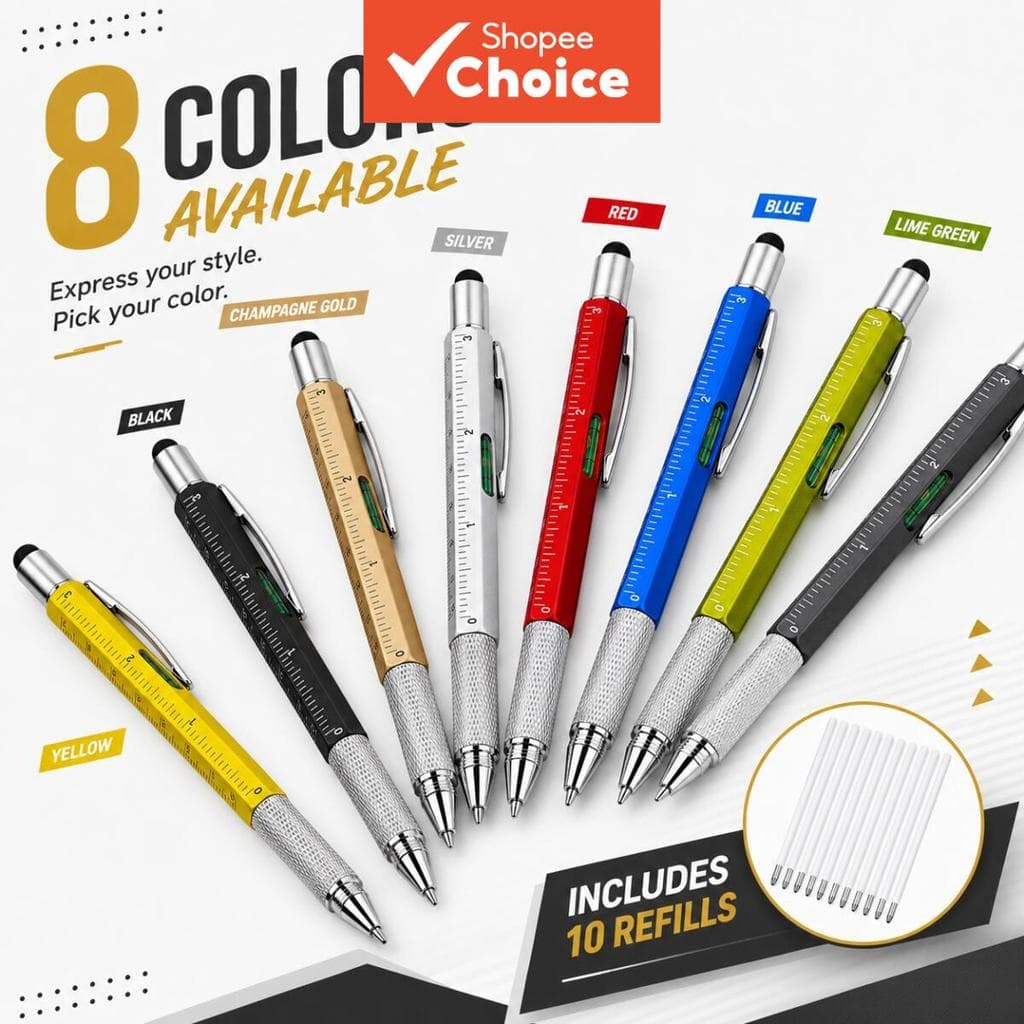 Caneta multifuncional 6 em 1 EDC esferográfica com régua, nível de bolha, portátil de metal para uso em escritório e