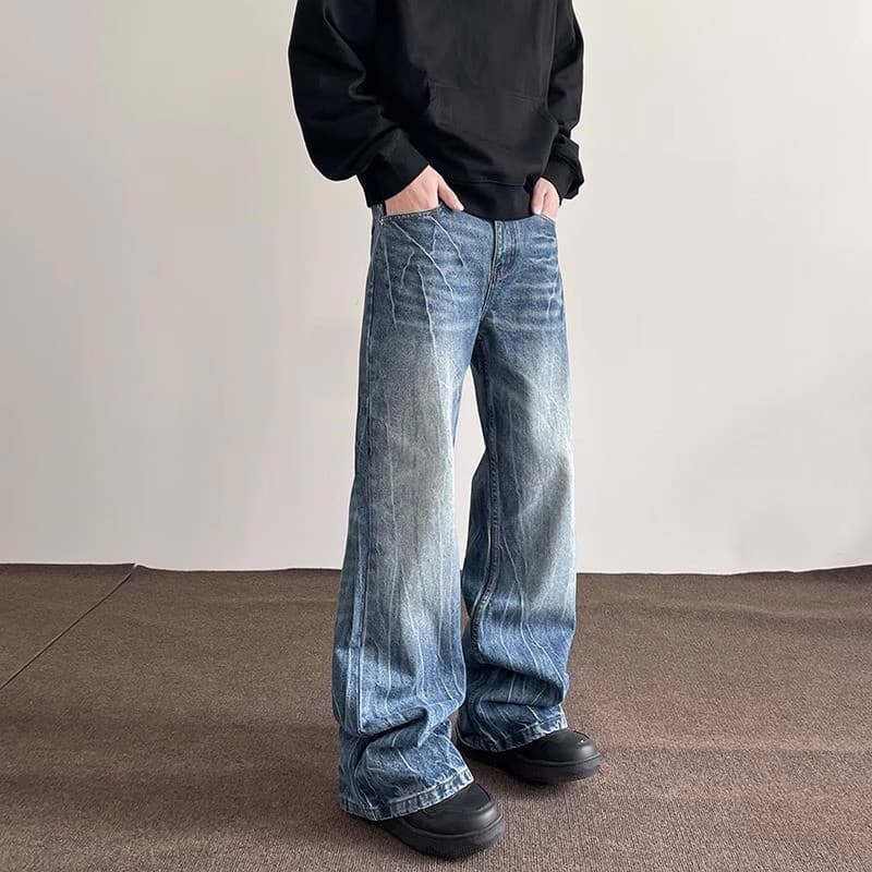 Jeans lavado Lightning Crack masculino reto solto perna larga ligeiramente queimado Trou
