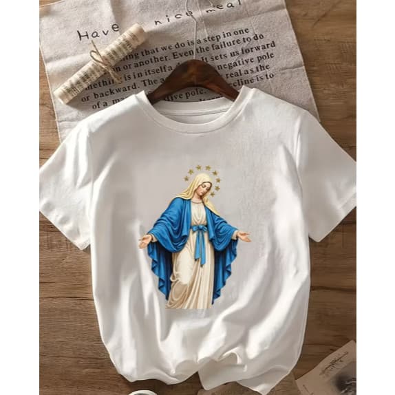 Camiseta Blusa Estampa Nova Católica Nossa Senhora Das Graças Santa Da Medalha Milagrosa Moda Feminina Verão Promoção