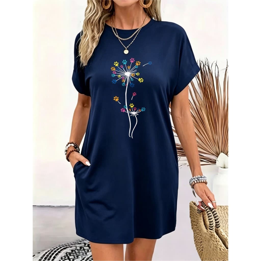 Vestido de manga curta com estampa de dentes-de-leão e pegadas de animais, estilo descontraído e folgado para mulheres