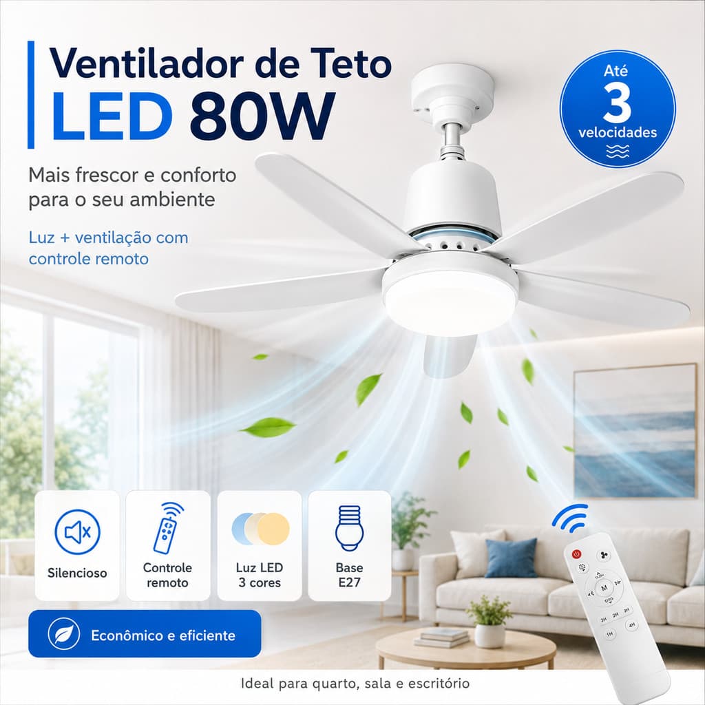 Ventilador 80W De Teto Silencioso LED 3 Cores com Controle Remoto Bivolt E27 6 Pás para Quarto e Sala