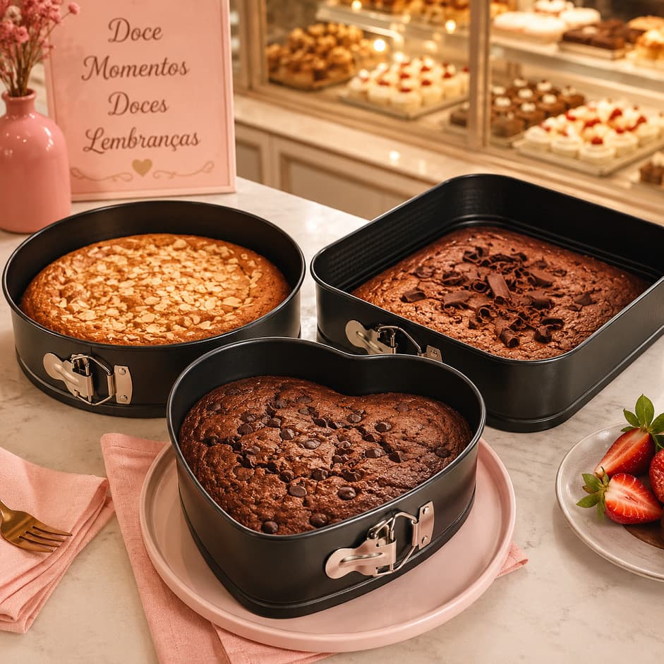 Kit Forma Inox Teflon  Assadeira Antiaderente Fundo Removível Bolo Torta Cheesecake Conjunto Confeitaria