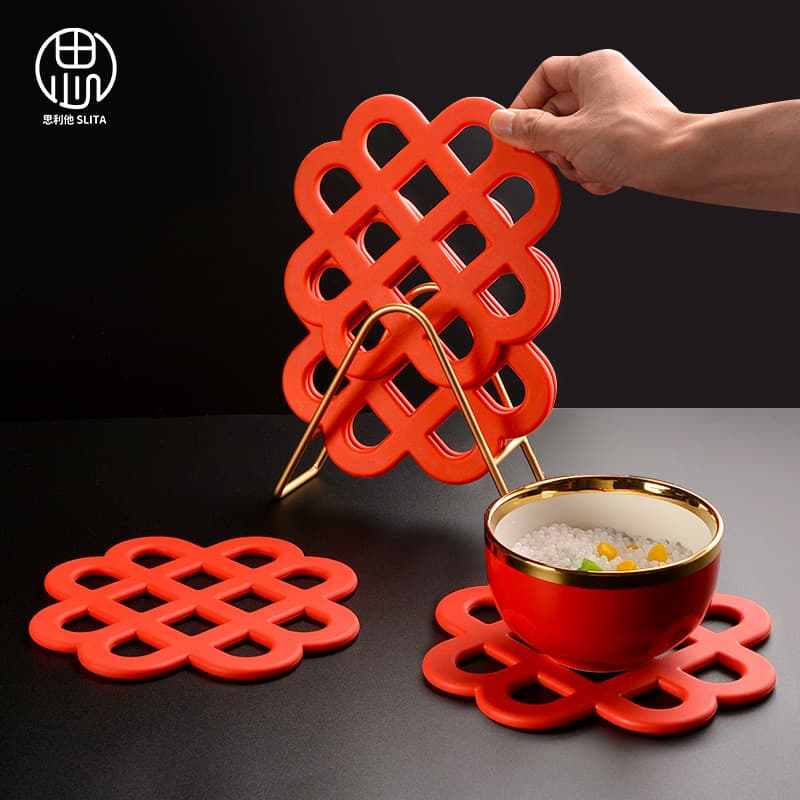 Tapete de mesa de Silicone vermelho com nó chinês, tapete de isolamento esmaltado, tapete Anti-escaldante, resistente a