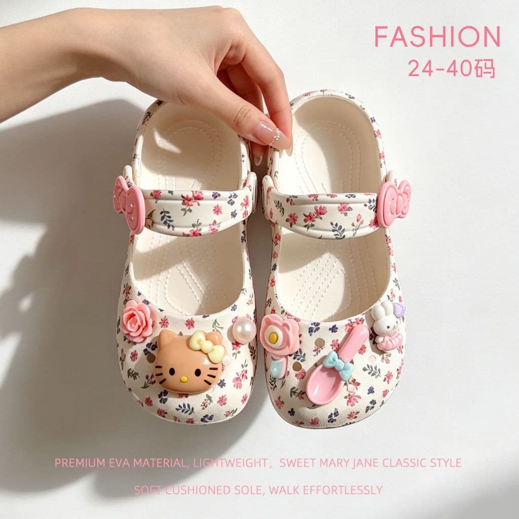 Novos Tamancos Infantis Miaoyoutong Cute KT‑Cat Estilo Balé, Sandálias Antiderrapantes para Praia e Atividades ao Ar Liv