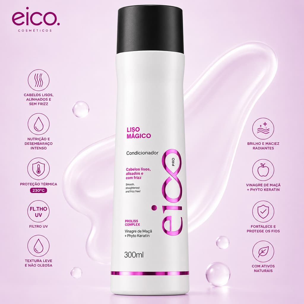Condicionador Eico Pro Liso Mágico 300ml Anti Frizz Condicionador Hidratação de cabelo Condicionador Cabelo Liso Eico