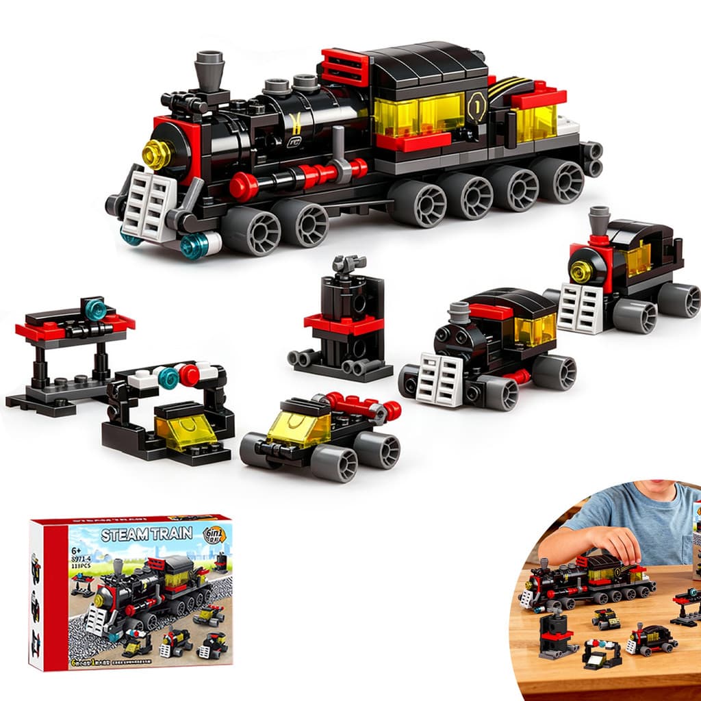118 Peças 6 Em 1 Trem Vapor Blocos Montar Locomotiva Educativo Presente