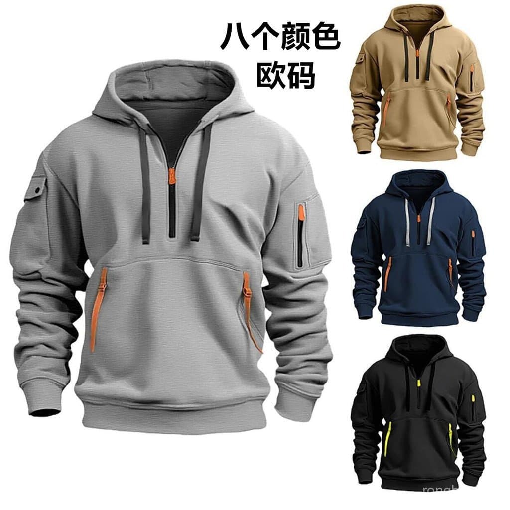 Cross-Border outono inverno moletom masculino com capuz meio zíper Multi-bolso pulôver masculino fita com capuz moletom
