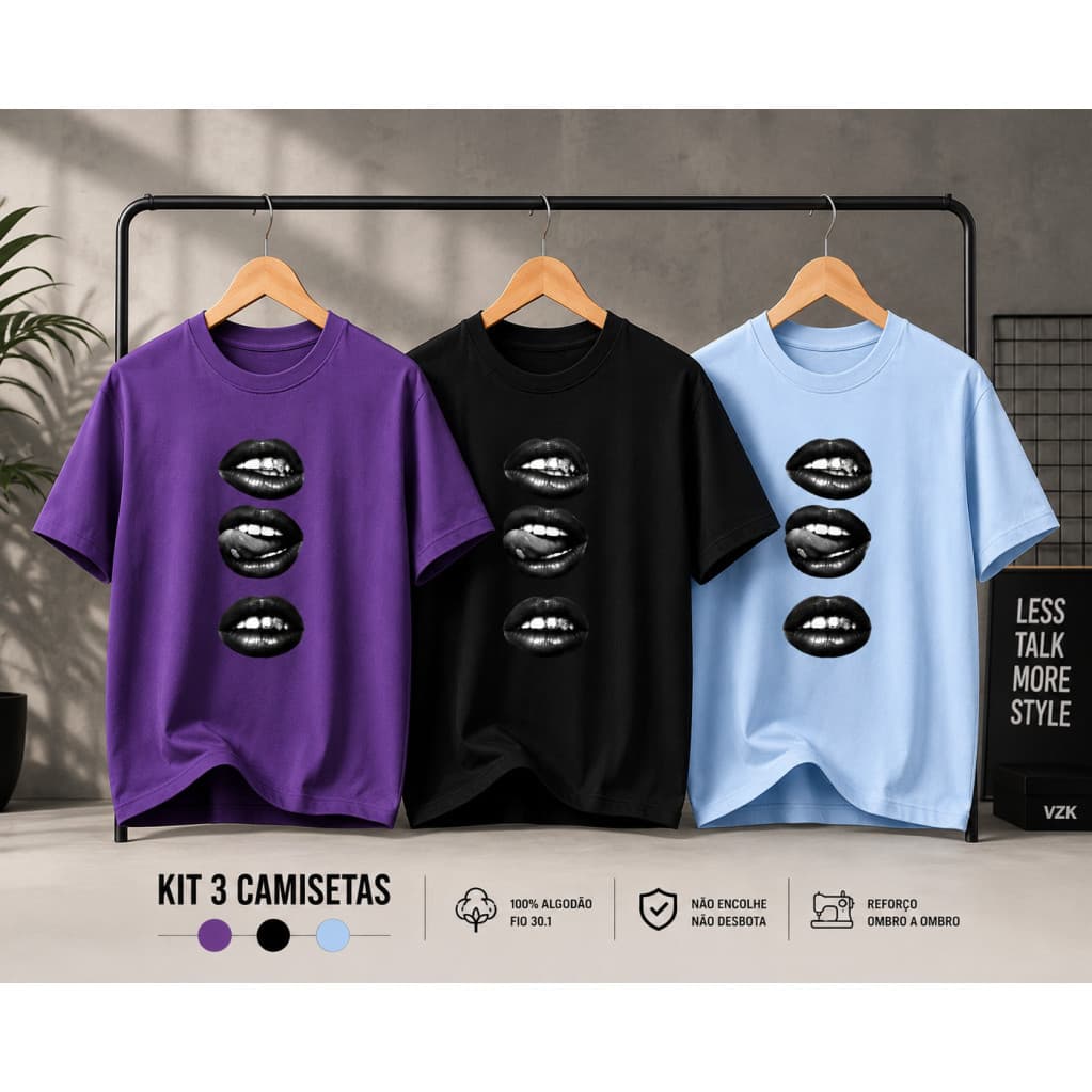 Kit 3 Camisetas Streetwear Estampa Bocas Moda Urbana Casual 100% Algodão