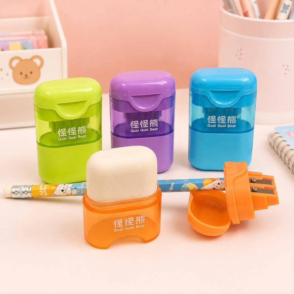 Apontador 2 em 1 Duplo Colorido com Borracha e Depósito para Lápis Fino e Grosso 8 a 12mm Mini Box