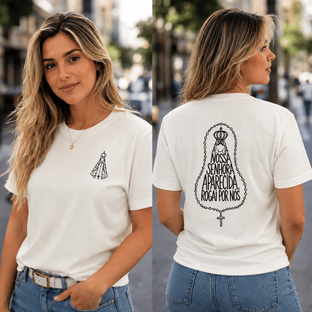 Blusa T-shirt Nossa Senhora Camiseta Estampada Moda Cristã Tecido Algodão Leve Macio