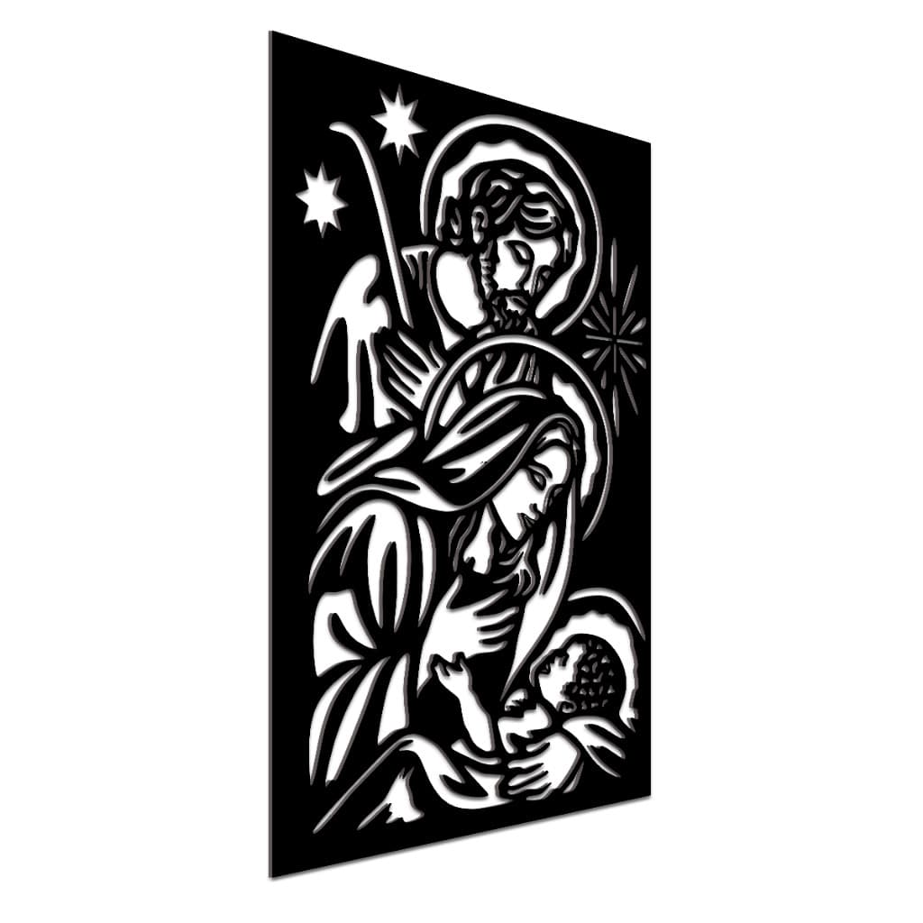 Placa Natalina em MDF Preto Sagrada Família Decoração Religiosa de Natal