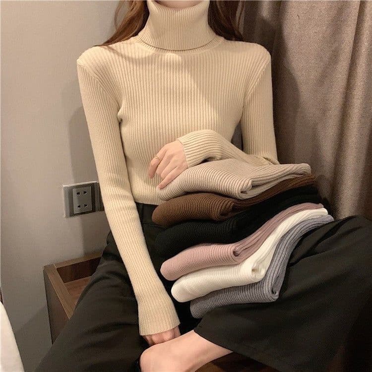 2641 Suéter Casual Feminino de Outono Inverno, Pulôver de Malha Elástica com Gola Alta FT9C HNXW