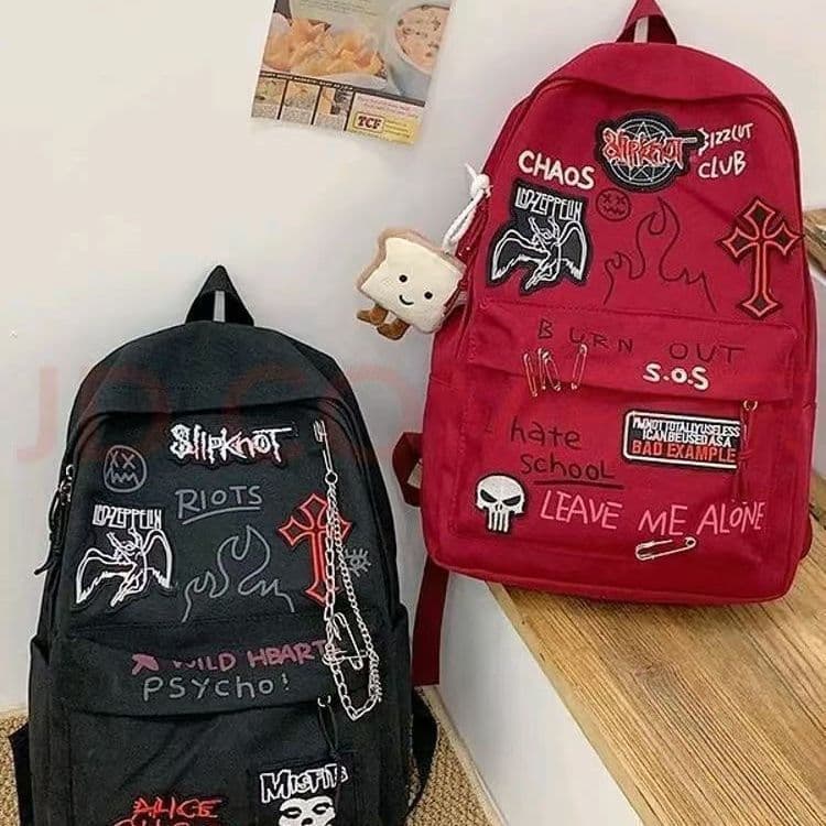 [SJB] Mochila escolar de estudante estilo Punk vinho tinto Rock, mochila escolar de grande capacidade Y2K, mochila Casua