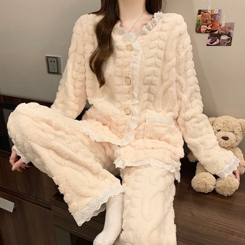 Coral velo pijamas feminino inverno novo estilo renda forro de lã engrossado Loungewear roupas de inverno feminino exter
