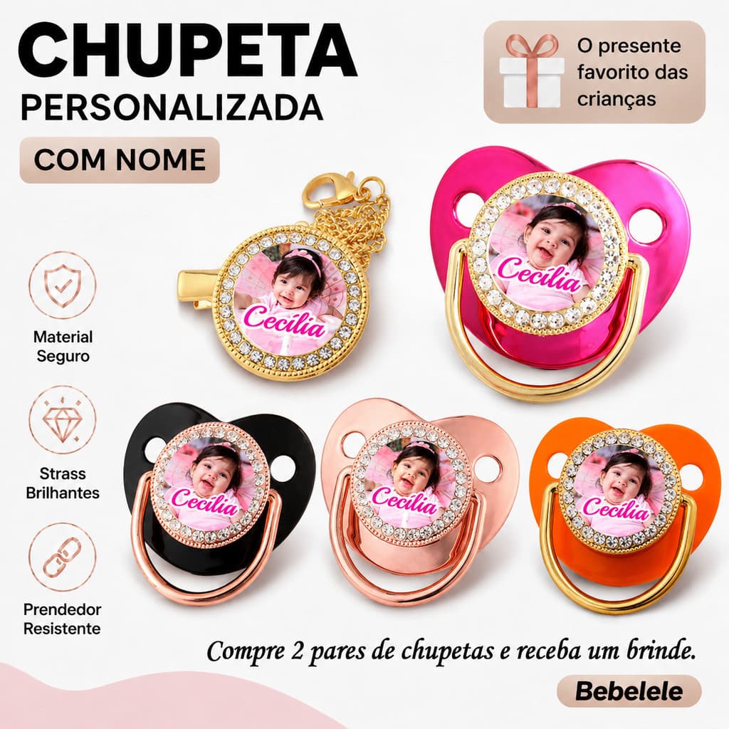 Chupeta plana para bebês, pode ser personalizada com nome/foto, acompanha chupeta/clipe para chupeta/corrente para chupe