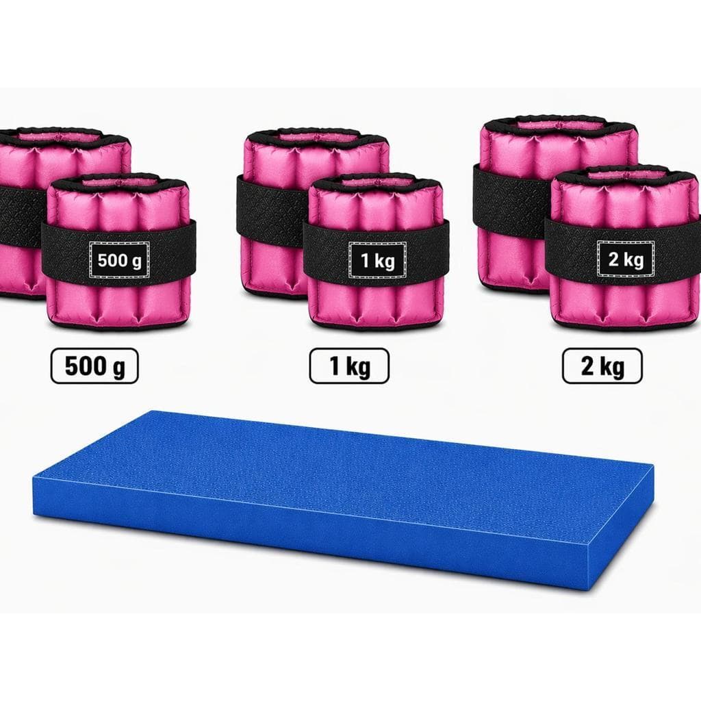Kit 3 Pares Caneleiras Rosa 500g 1kg 2kg + Colchonete Azul 90x40x3cm Academia Musculação Treino Completo