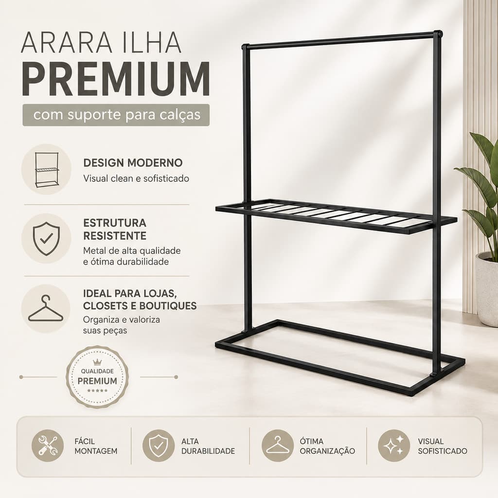 Arara Ilha Premium Luxo com Suporte de Calças – Design Moderno e Exclusivo para Boutiques e Closets