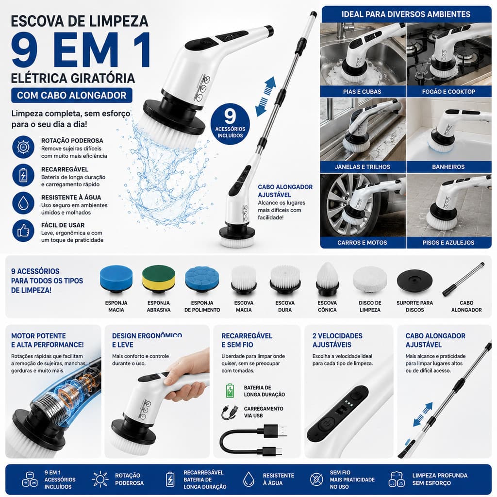 Kit Escova Elétrica de Limpeza Recarregável 9 em 1 Sem Fio com Cabo Extensor Rotação 360°